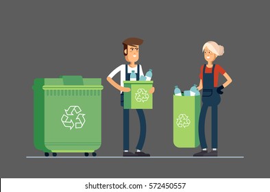 Couple Of People Gathering Garbage And Plastic Waste For Recycling. Service Recycling