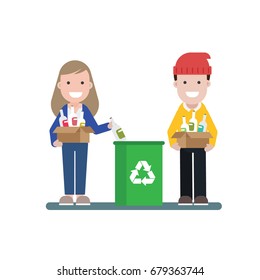 Couple of people gathering garbage and plastic waste for recycling