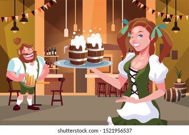 couple of people with german traditional dress drink beer in bar Oktoberfest celebration scene vector illustration design