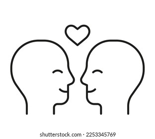 Couple people head profile with love heart, line icon. Face with love feeling, relationship in family. Two lovers look at each other. Valentines day. Vector illustration