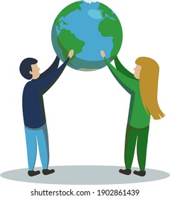 a couple of people, hold and save the planet Earth. Vector flat cartoon illustration for saving earth day. Tiny men and women hold the globe in their arms. Environment, ecology, abstract nature conser