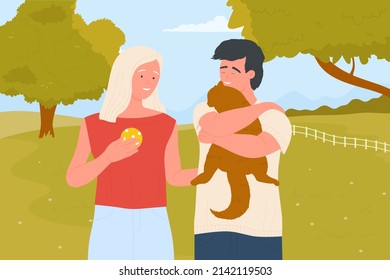 Couple people hug cat with love. Pet owner carrying best animal friend in hands, girl holding ball to play with kitten in summer city park vector illustration. Friendship, pet shelter concept