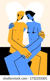 A couple of people hug. Love. Grasp. A man and a woman on his lap. Valentine's day card. Vector illustration