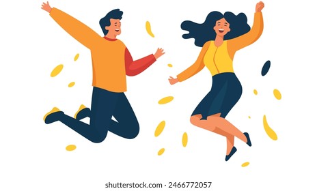 a couple of people jumping in the air with their arms up enjoy business success together vector flat illustration