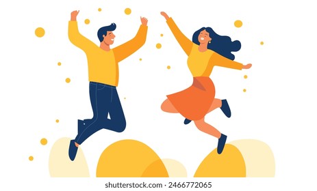 a couple of people jumping in the air with their arms up enjoy business success together vector flat illustration