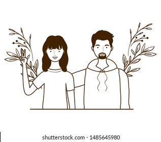 couple of people with landscape of branches and leaves of background