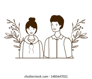 couple of people with landscape of branches and leaves of background