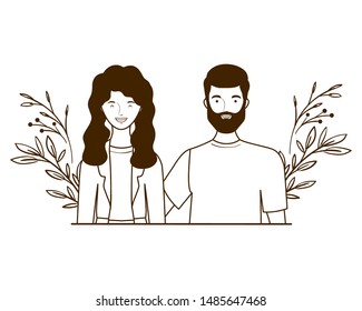 couple of people with landscape of branches and leaves of background