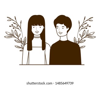 couple of people with landscape of branches and leaves of background