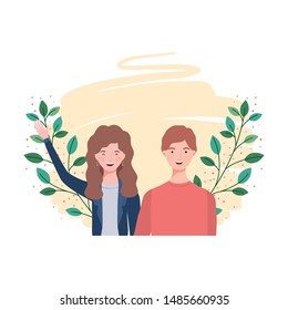 couple of people with landscape of branches and leaves of background