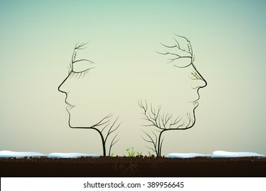 couple of people look like spring trees branches silhouettes and snowdrop grows between them,spring love idea, two profiles of lowers concept, trees soul, vector