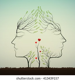 couple of people look like tree branches silhouettes with sprouts of red heat,  love idea, two profiles of lowers concept, vector