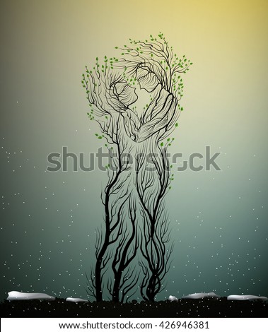 couple of people look like tree branches silhouettes, two profiles of lowers concept,tree hug each other, vector