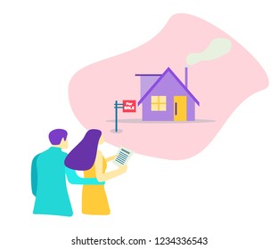 Couple people looking new house for sale. Mortgage loan. Flat vector illustration.