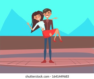 Couple of people in love. Man holding woman in his arms. Boyfriend carrying girlfriend in hands. Cheerful cartoon characters. Valentines Day vector