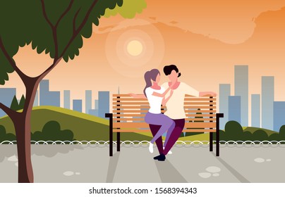 couple of people in love sitting in the park chair vector illustration design