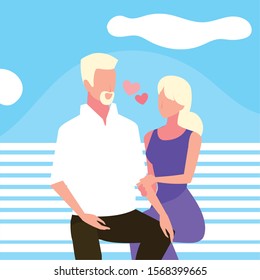 couple of people in love sitting in the park chair vector illustration design