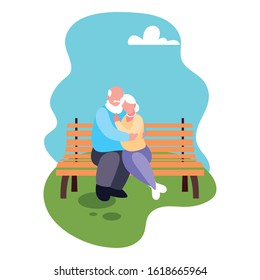 couple of people in love sitting in the park chair vector illustration design