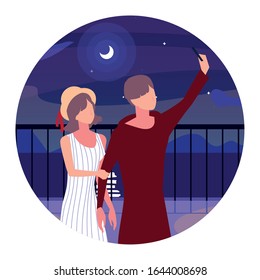 couple of people in love sitting in park chair with night landscape vector illustration design