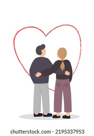 Couple Of People In Love Staying Together On Plain Background, Valentine`s Day Concept, Flat Vector Illyustration