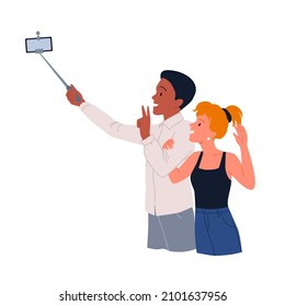 Couple people make selfie photo with stick vector illustration. Cartoon young happy hipsters holding monopod with smartphone, taking picture with camera in mobile phone on date isolated on white