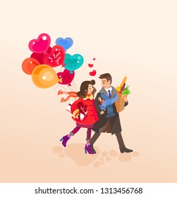 A Couple of People a Man and a Woman Returning from a Romantic Date. The Girl holds a Gift with a Ribbon and Air Balloons and the Boy is Carryin a Package. Flat Vector Illustration st Valentines Day