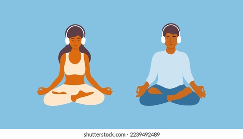 Couple of people meditating in headphones. Male and female practice yoga sitting lotus pose listening audio meditation. Woman and man listen relax music. Mental health app, podcast vector illustration