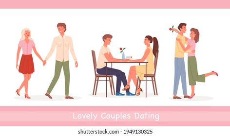 Couple people meet on date vector illustration. Cartoon happy loving pairs of men women characters sitting at table in cafe together and holding hands, romantic datings and love scenes isolated set.