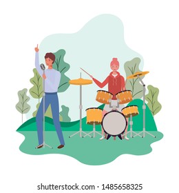 couple of people with musicals instruments and background landscape