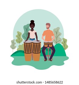couple of people with musicals instruments and background landscape