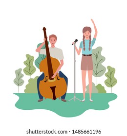 couple of people with musicals instruments and background landscape