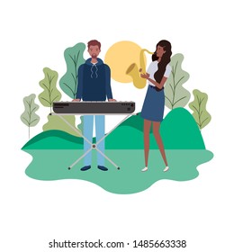 couple of people with musicals instruments and background landscape