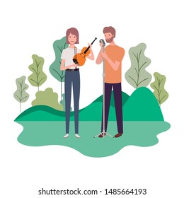 couple of people with musicals instruments and background landscape