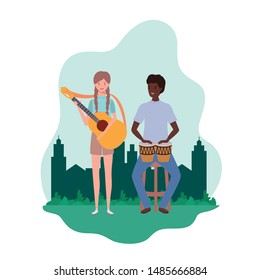 couple of people with musicals instruments and background landscape