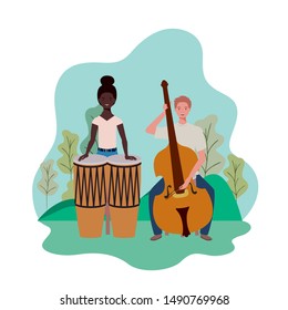 couple of people with musicals instruments and background landscape