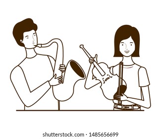 couple of people with musicals instruments on white background
