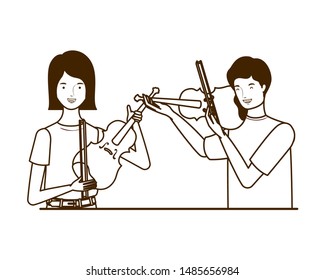 couple of people with musicals instruments on white background