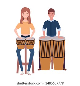 couple of people with musicals instruments on white background