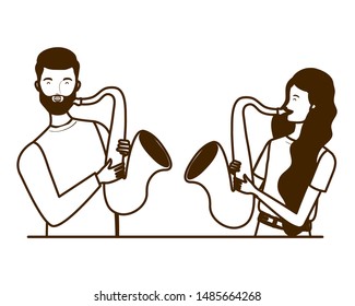 couple of people with musicals instruments on white background