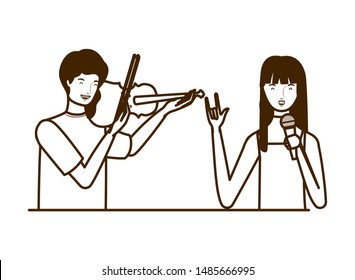 couple of people with musicals instruments on white background
