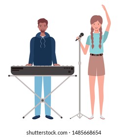 couple of people with musicals instruments on white background