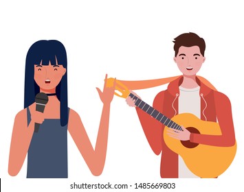 couple of people with musicals instruments on white background