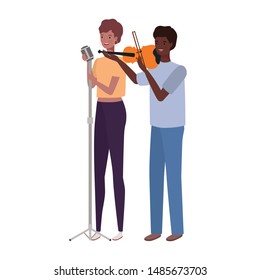 couple of people with musicals instruments on white background