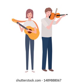couple of people with musicals instruments on white background