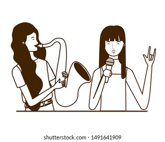 couple of people with musicals instruments on white background