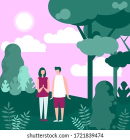 Couple people in nature walk vector illustration. Cartoon flat adult characters spending time together, walking in evening natural forest landscape. Romantic summer outdoor adventure background