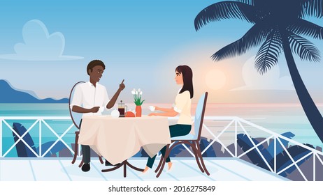 Couple people on love romance dating in outdoor cafe vector illustration. Cartoon young man woman sitting on terrace of tropical sea beach, drinking coffee and talking on romantic date background