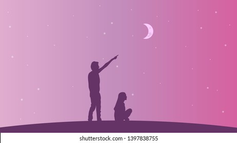 Couple of people on the pink starry sky background vector design