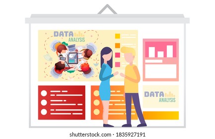 A couple of people in the organization are discussing the principles of analyzing production data. Marketers communicate while working on the background of graphs and charts. Data analysis concept