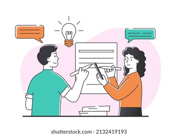 Couple of people with pencil. Creative characters write articles, copywriters and freelancers. Author and editor. Persons develop design for page, conclude contract. Cartoon flat vector illustration